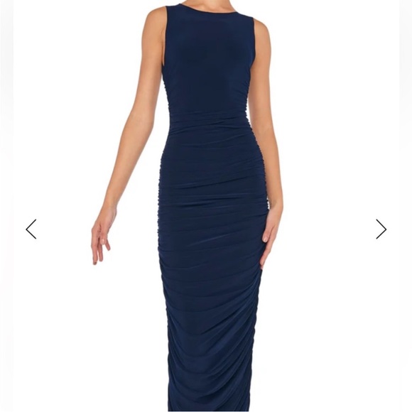 Norma Kamali Sleeveless Side Shirred Dark Blue Navy Maxi Dress Gown - Picture 4 of 14